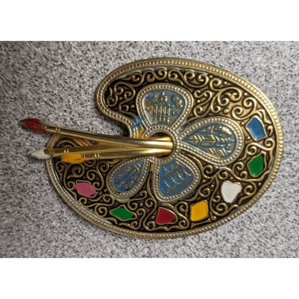 Vintage Gold Paint Palette w/Brushes Brooch Pin Damascene Spain